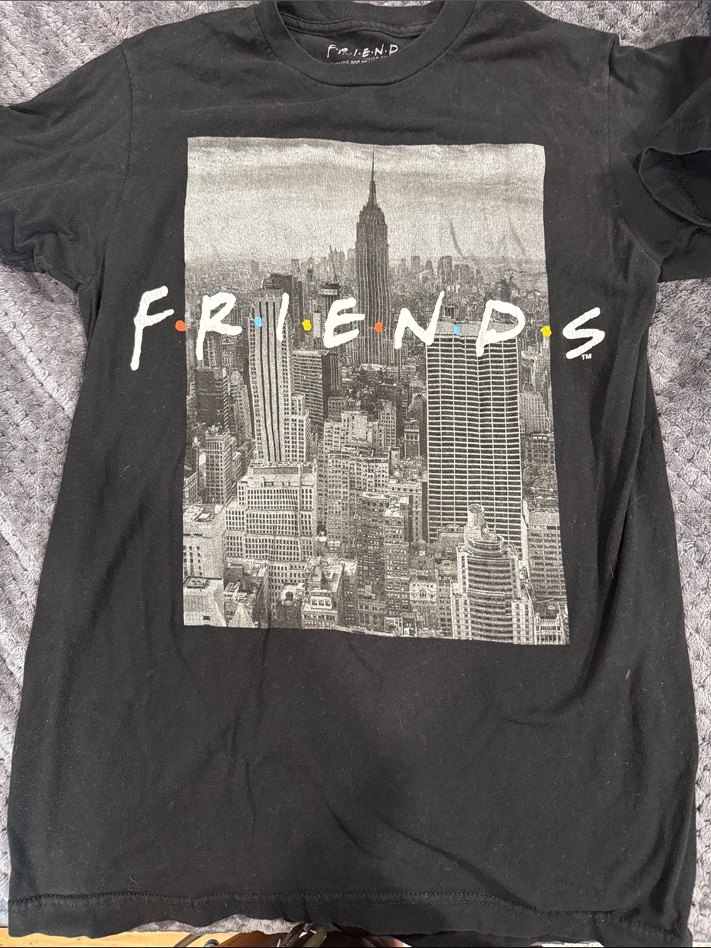 FRIENDS Black Short Sleeve Tee with NYC Photo and Colored Logo Dots